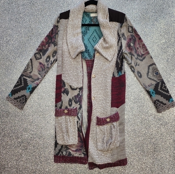 CREAM patchwork  long knit cardigan - Picture 5 of 7